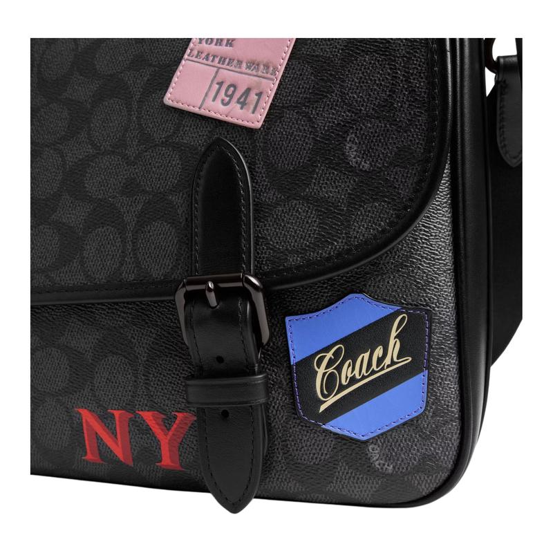 COACH HitchSignature 33 Badge Decorated Removable Adjustable Shoulder Strap Leather Messenger Bag Crossbody Large Men's Charcoal