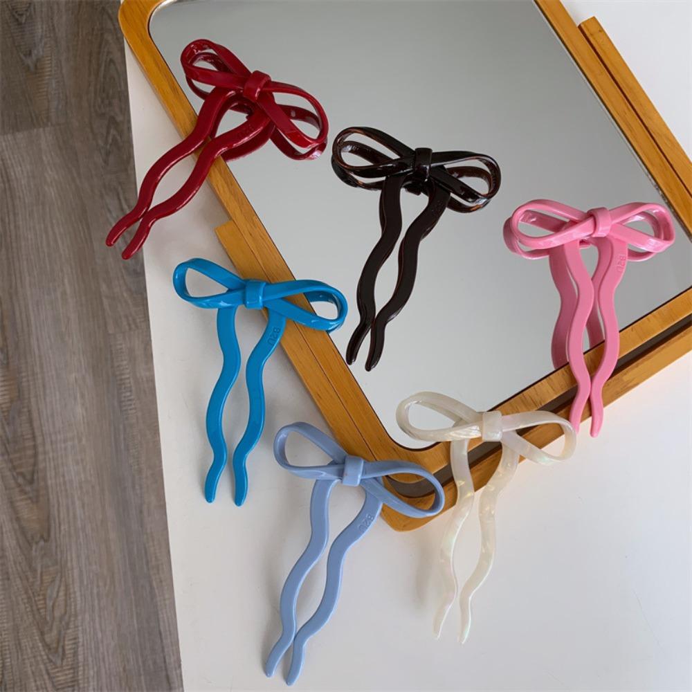 Multicolor Acetic Acid Bow Hair Stick Chinese Style Pan Hair Fork Cute U-shaped Hairpin Ladies