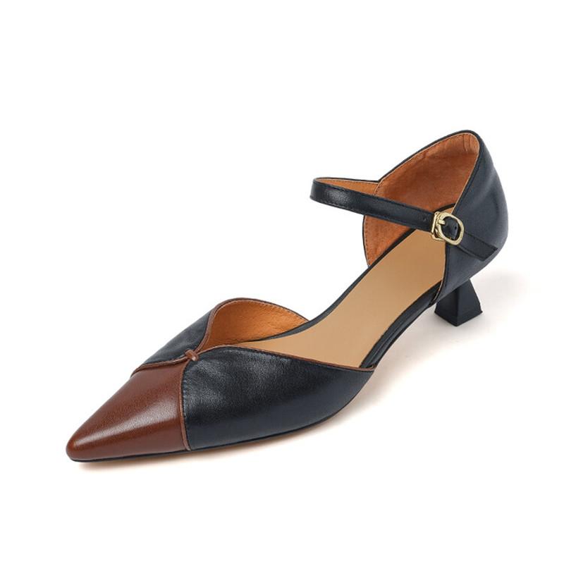 Модные летние сандалии из натуральной кожи с острым носком и высоким каблуком для женщин Zapatos Mujer, сандалии смешанного цвета с закрытым носком, женская обувь