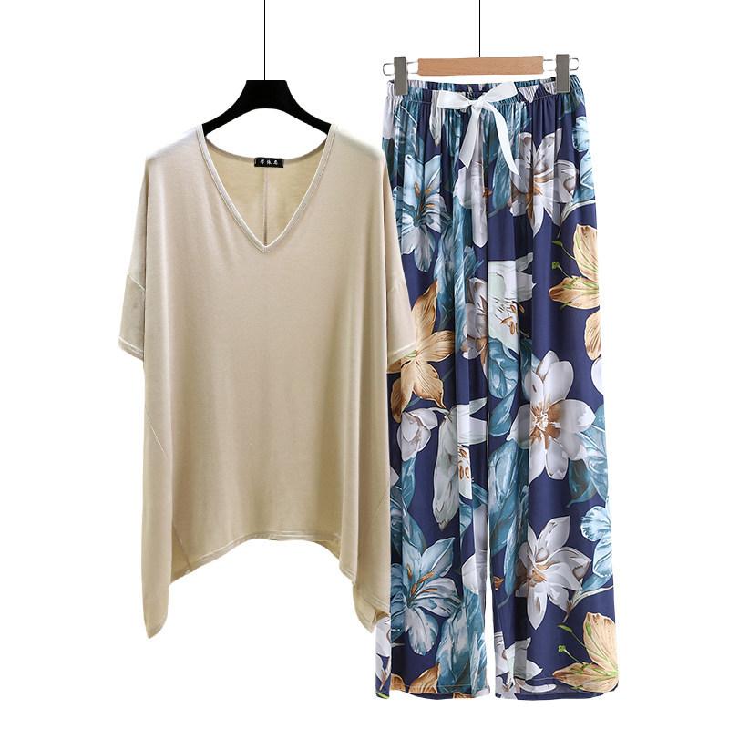 Необычная футболка и широкие брюки с цветочным принтом летние женские повседневные пижамные комплекты Костюм для дома с коротким рукавом Свободный легкий костюм для отдыха Большие размеры