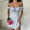 Короткое платье с французским цветочным принтом и высокой талией, пышными рукавами, 2023, повседневное платье для женщин, милый тонкий халат с квадратным воротником, Femme 25738