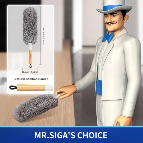 MR.SIGA Lint-Free Duster with Bamboo Handle and Interchangeable Heads, Washable Microfiber Duster for Household Cleaning