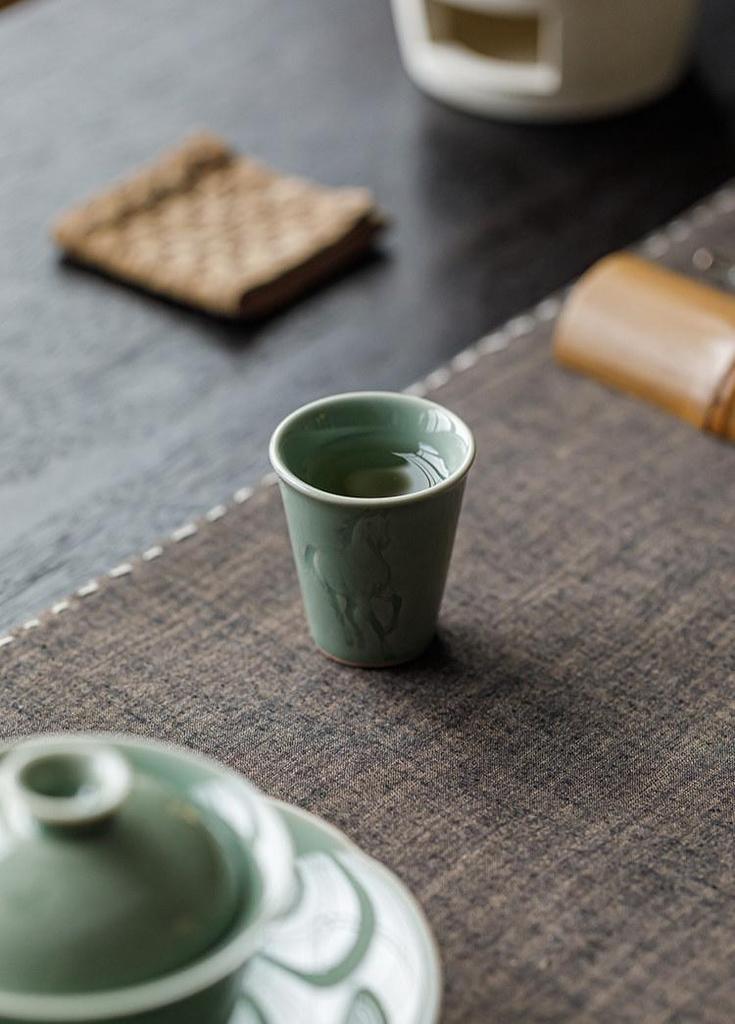 Guanlan Yue Celadon Shadow Carved Zodiac Tea Cup - High-Grade Ceramic Masterpiece for Aroma and Tea Tasting