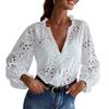 Женская рубашка с V-образным вырезом, рукавами-фонариками, длинным рукавом, однобортная, топы-рубашки, детали с оборками, ажурный дизайн, повседневная рубашка