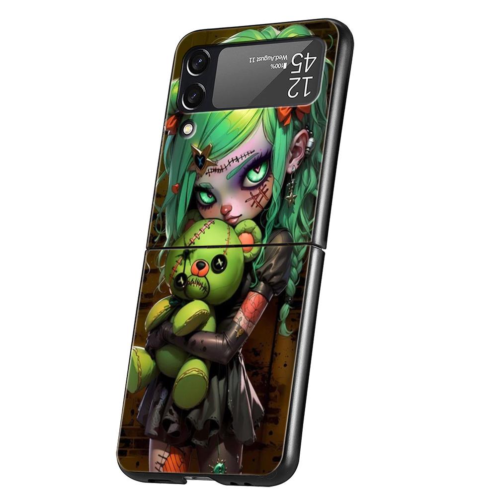 Hard PC Phone Case For Samsung Galaxy Z Flip 7 6 5 4 Black Cover For Galaxy Z Flip 3 Foldable Dark Cute Girl Doll Art Creative