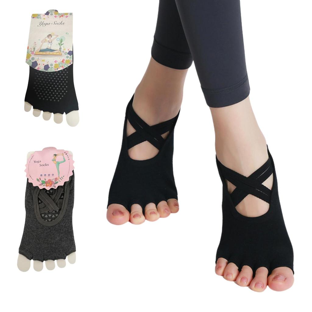 Ogcy Pilates and Yoga Set of 2 and Socks, Five-Toe Non-Slip Socks, (Black Gray)