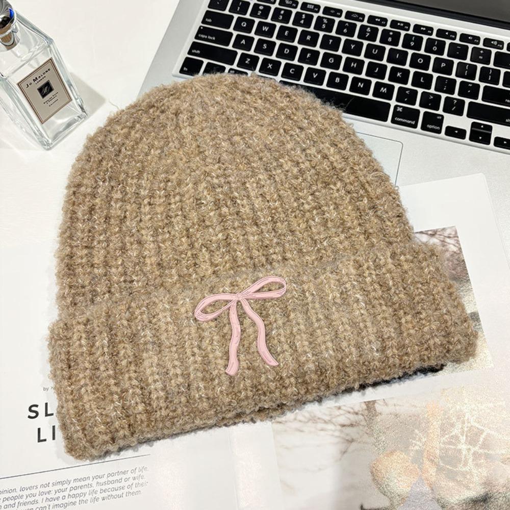 Теплая шапка с бантом, вязаная шапка, однотонная вязаная шапочка, милая вязаная крючком шапочка для бассейна, для улицы