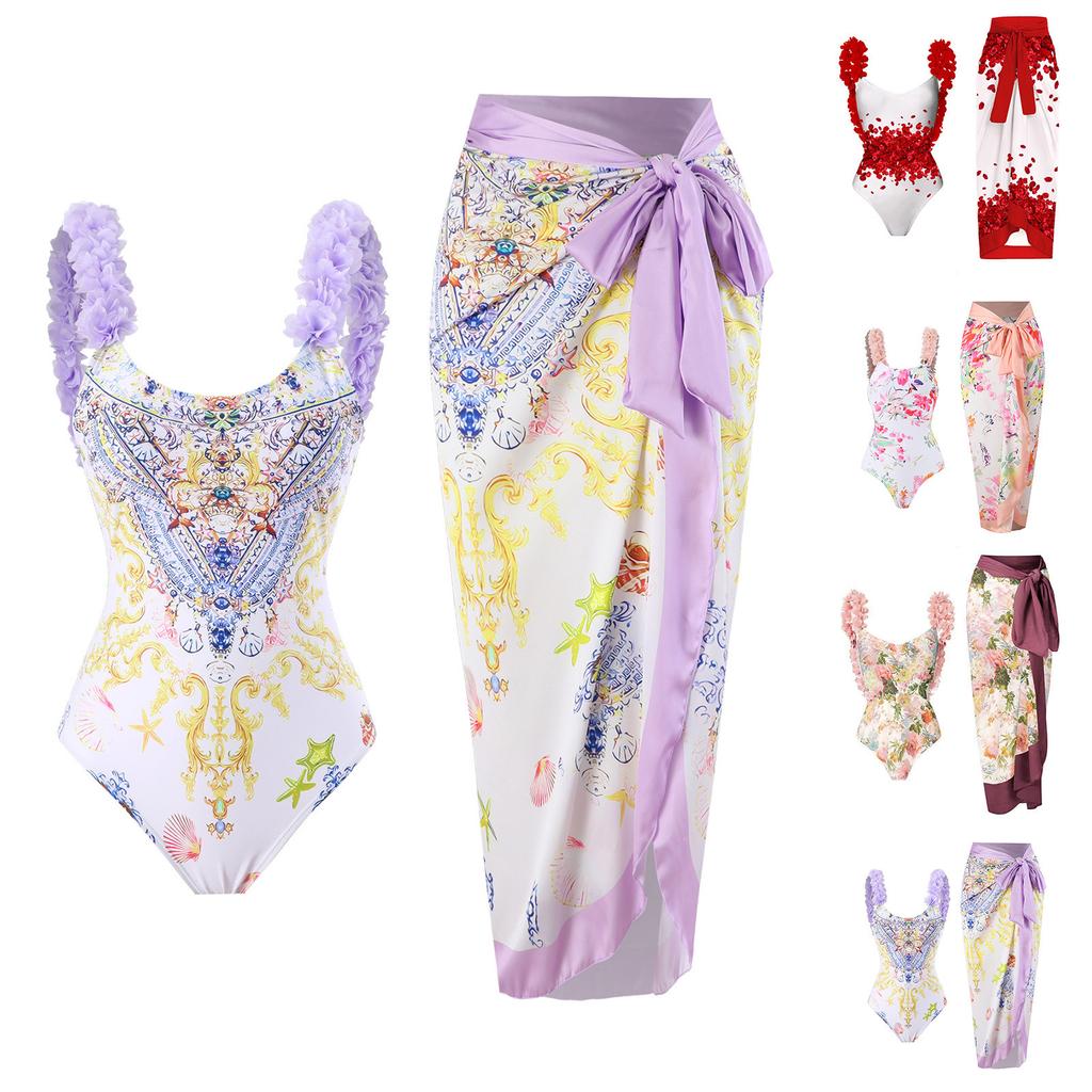 Женский цельный купальник бикини, модный купальник с цветочным лепестком, тенью живота и открытой спиной, купальник из двух частей