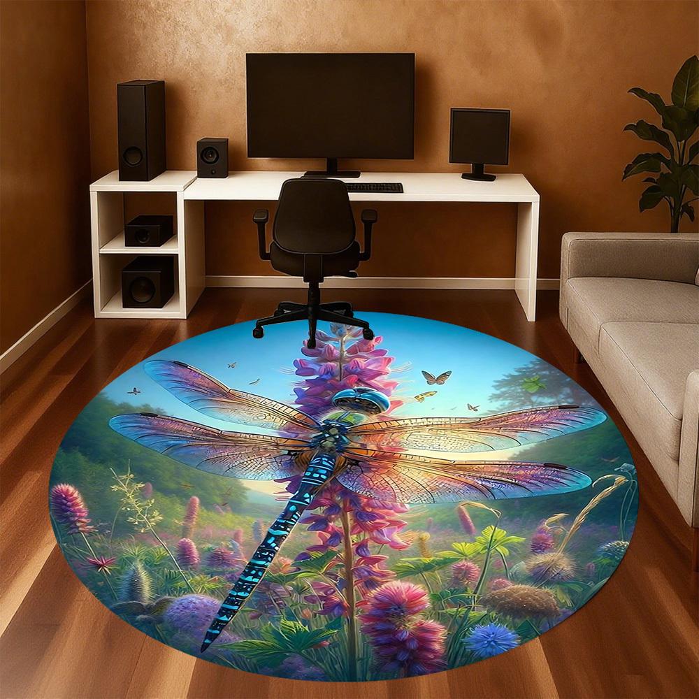 1pc Dragonfly Wildflowers Round Chair mat Area Rug - Non-Slip, Floor Mat for Office, Bedroom, home decor Christmas Gift-1002333