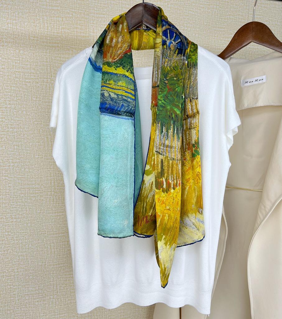 Pastoral Oil Painting Series Yellow-Green Silk Gifts Silk Silk Scarves Mulberry Silk Travel Shawl Scarf Dual-Purpose