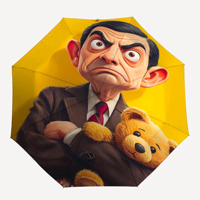 1PC Mr. Bean Automatic Folding Umbrella - Compact 8-Rib Design, Durable Plastic & Iron, Daily Use F010638
