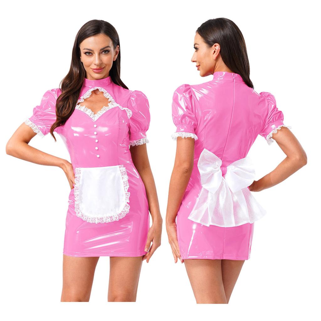Женский костюм горничной для косплея S-XXL - Облегающее платье из глянцевой ПУ с кружевной отделкой и вырезами, со съемным бантом для Хэллоуина