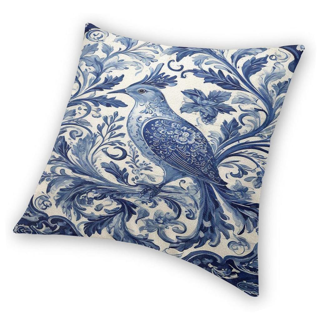 Delft Blue Vintage Bird Square Pillowcase Polyester Linen Velvet Pattern Zip Decorative Pillow Case Sofa Cushion Cover