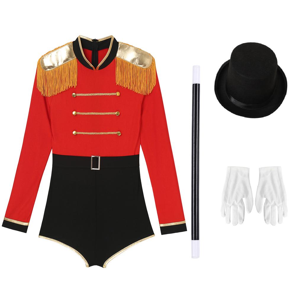 Женский костюм для Хэллоуина «Магическое шоу» Цирковой конферансье Цветной боди с блоками Бахрома на плечах Длинный рукав с шляпой, палочкой, перчатками
