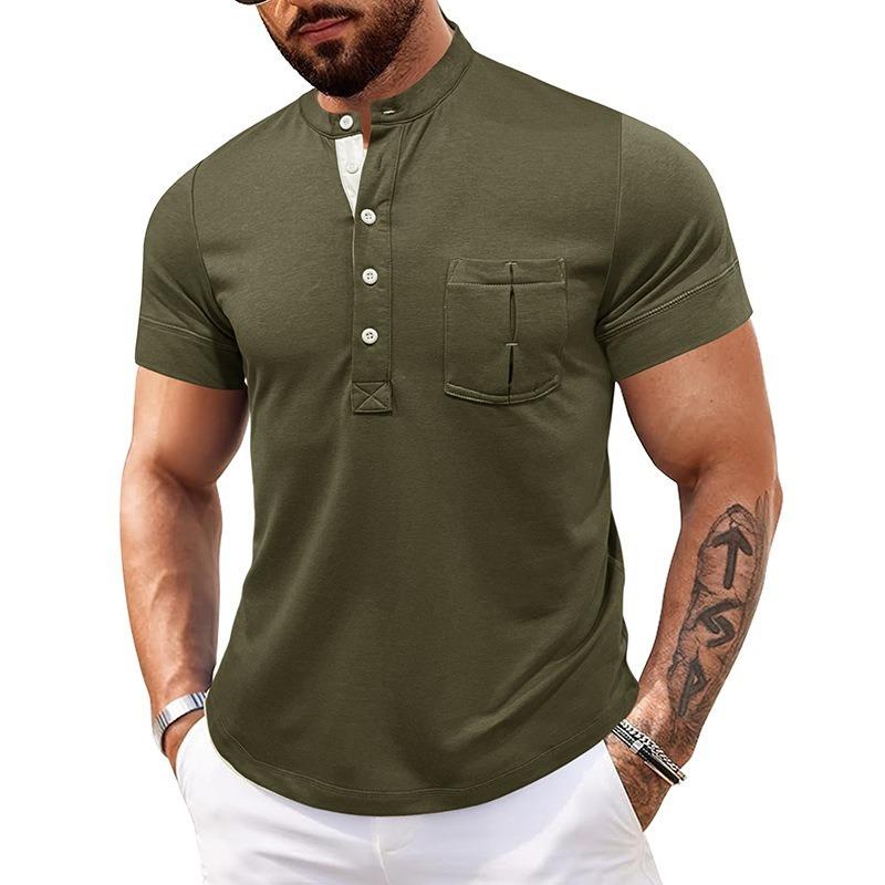 Men Black Stand Collar Henley Neck Short Sleeve T Shirt With Chest Pocket Casual Summer