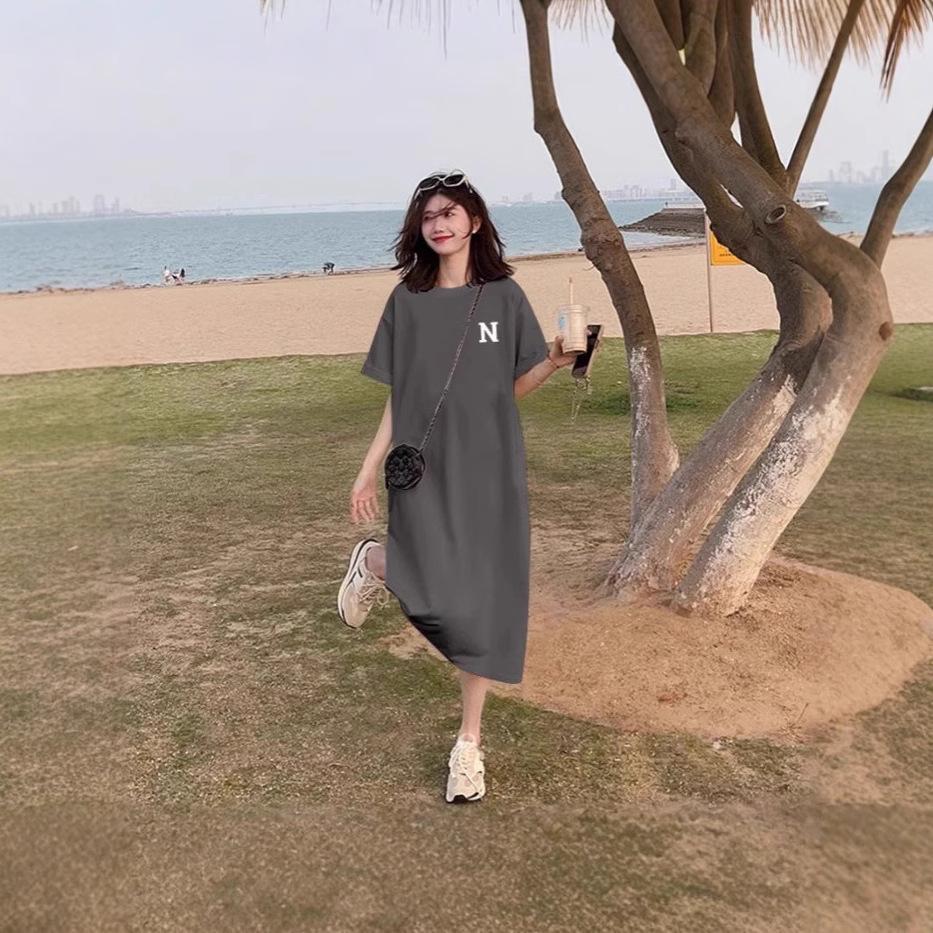 Short-sleeved T-shirt women's split-ended fat MM large size loose ins new summer hip-wrapped knee-thin dress top trendy