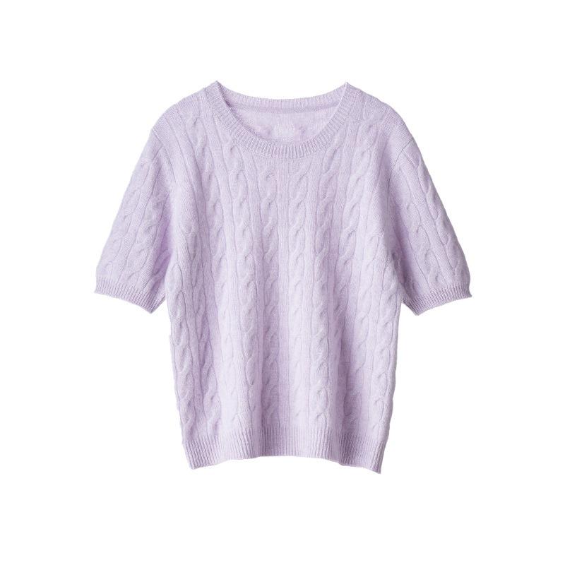 Women's Yellow Cable Knit Cashmere Short-Sleeve Sweater - Autumn/Winter Round Neck Pullover