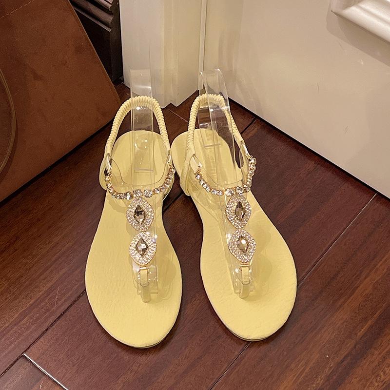 Обувь женская 2025 лето новый носок женские босоножки бисерные стразы плоские пляжные сандалии женские