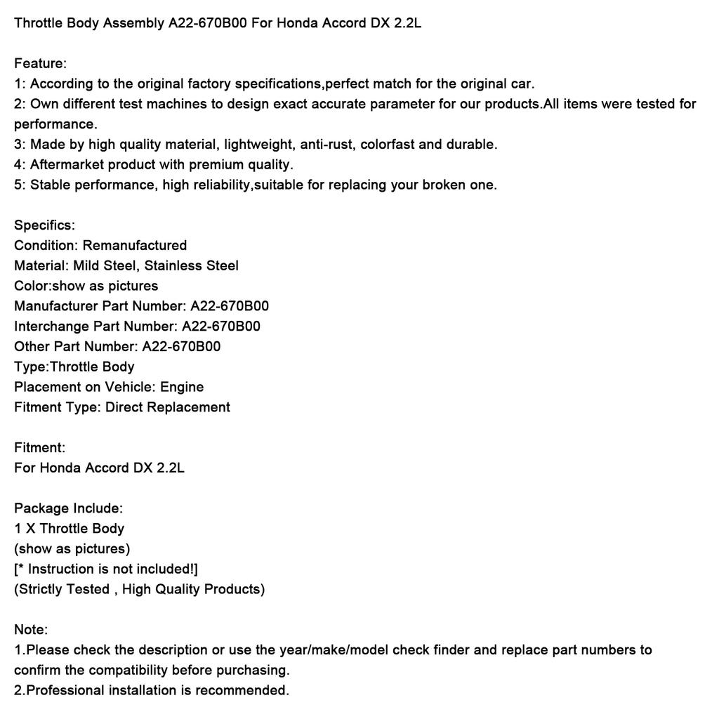 Корпус дроссельной заслонки в сборе A22-670B00 для Honda Accord/Prelude DX 2.2L 1995-1997