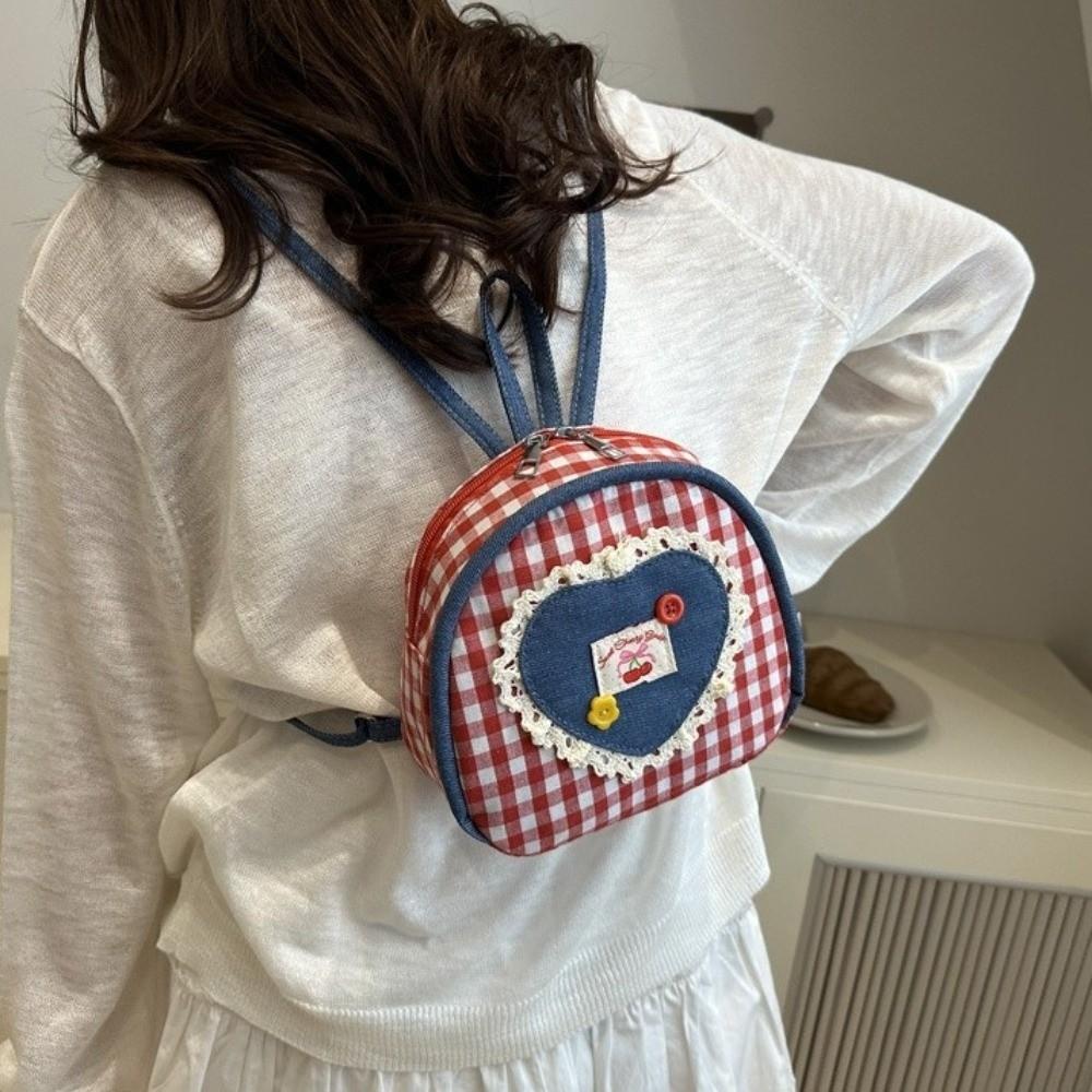 Cloth Denim Shoulders Bag Mini Knapsack Lovely Lattice Backpack  Outdoor