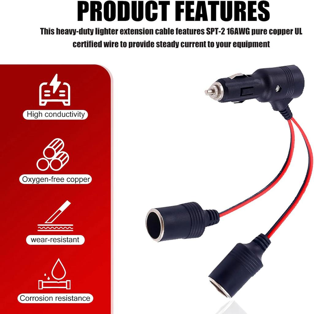 Car Lighter With  One Point Two Female Female Connector Car Lighter Double Socket Extension Cable