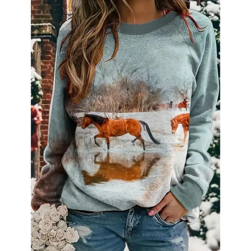 Trendy Casual Women's Tops 3d Fox Printed Round Neck Long Sleeve Shirts & Blouses Autumn & Winter Sweatshirts Female Clothes