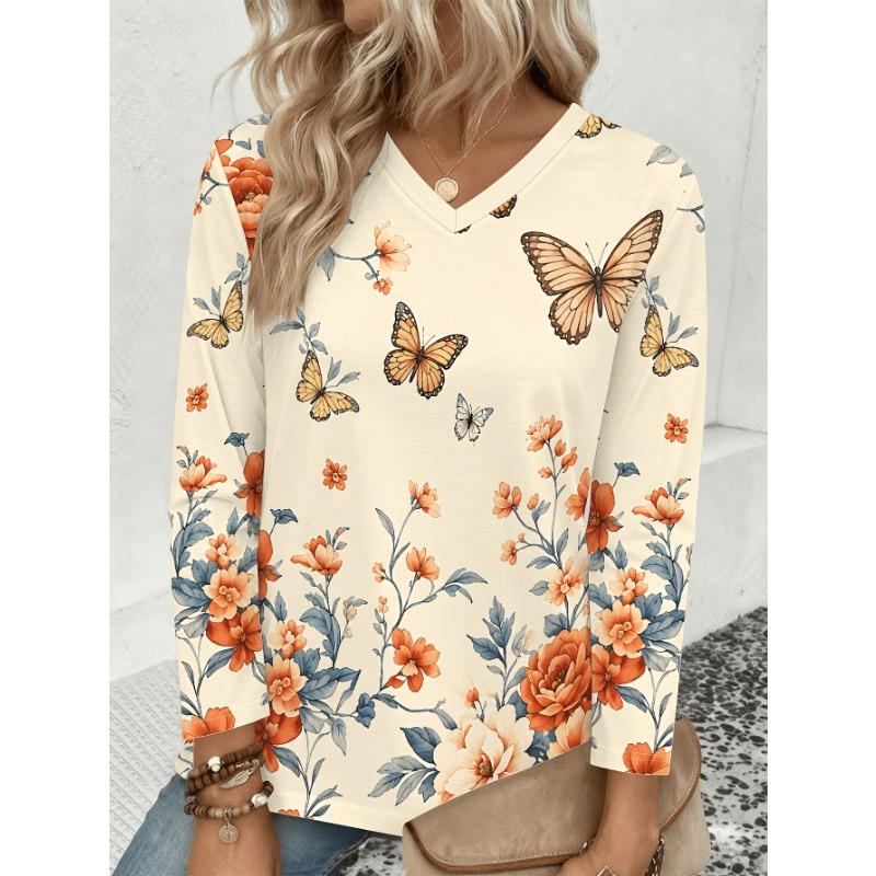 Vintage orange blossom butterfly watercolor print V-neck long-sleeved T-shirt