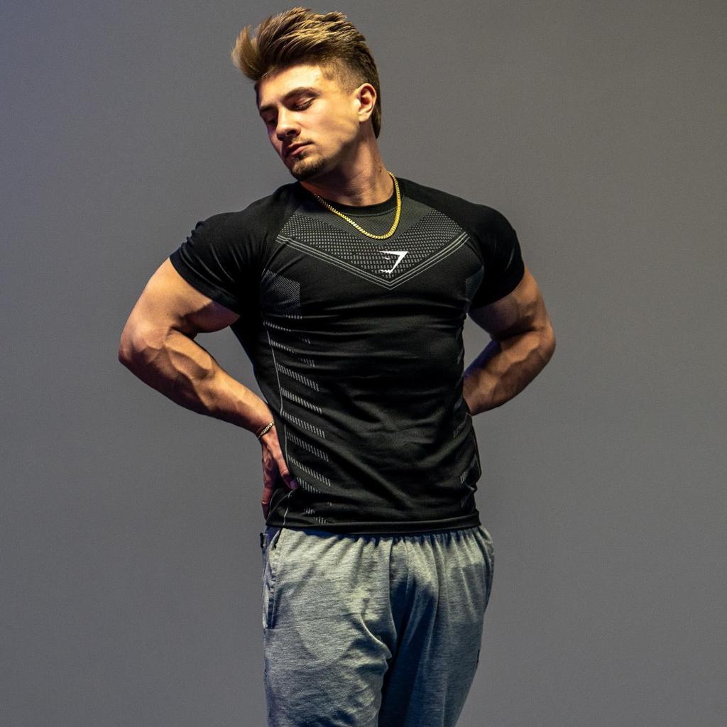 European Men's Cross-Border High Elastic Fitness Bodysuit - Short Sleeve Sports T-Shirt