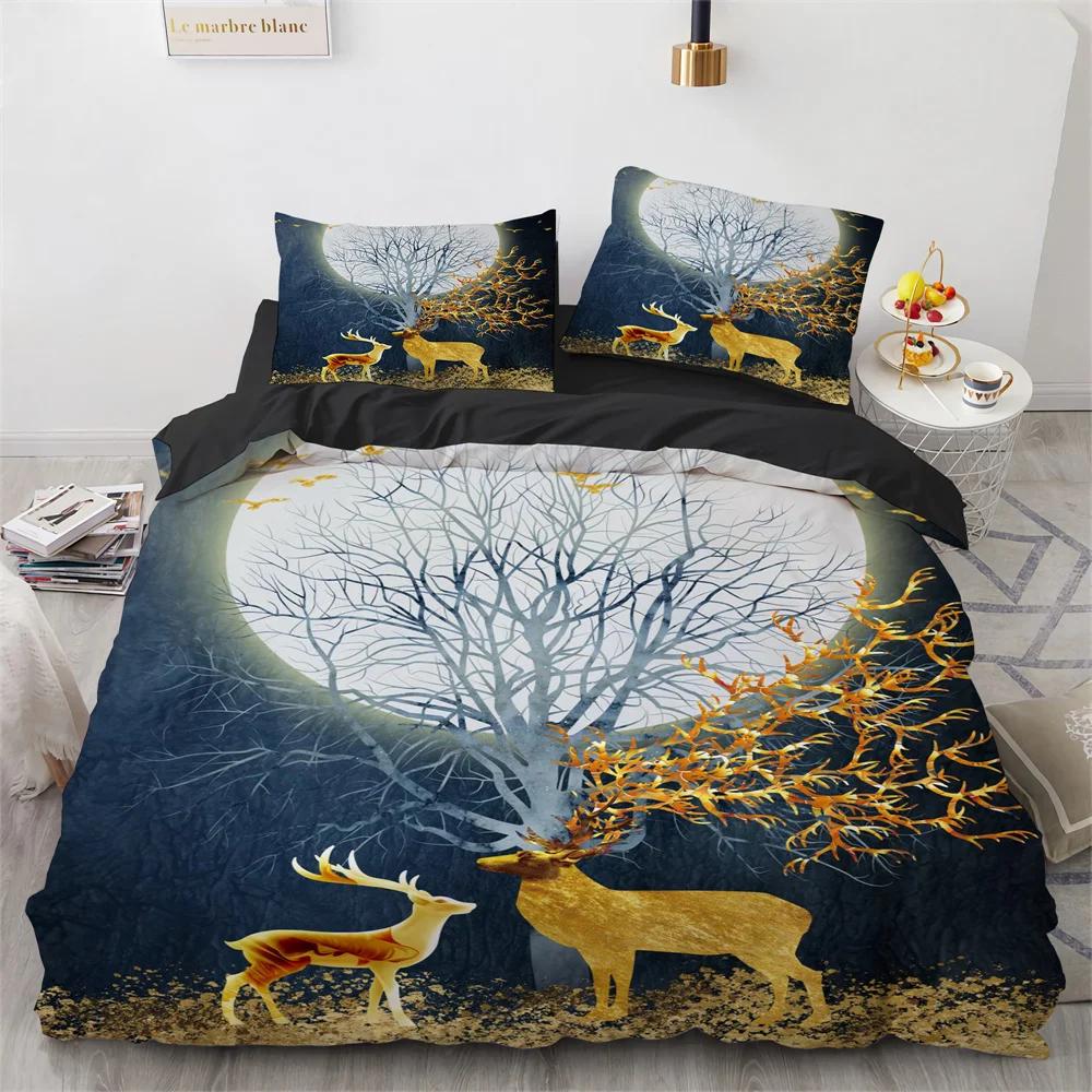 Deer Duvet Cover Set Wild Animals Flowers Pattern Polyester Bedding Set King Twin Full Size Comforter Cover For Kids Boys Girls
