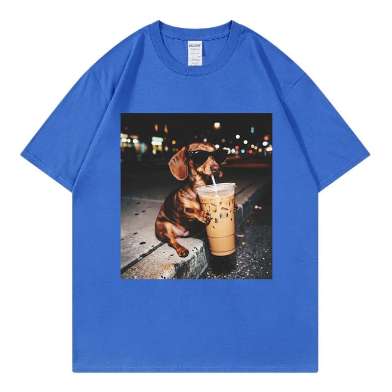 Funny Dachshund Drinking Iced Coffee Meme Graphic T Shirts High Street Fashion Trend Tshirts Unisex Unisex Casual Cotton Tshirt