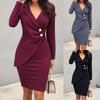 Lady Lapel Bodycon Button Long Sleeve Slim Fit Business Suit Midi Dress Blazer