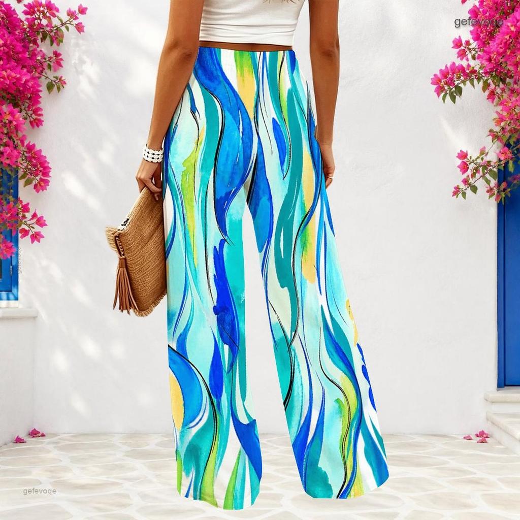 Women Plus Size Loose Fit Wide Leg Full Length Patchwork Printed Pants