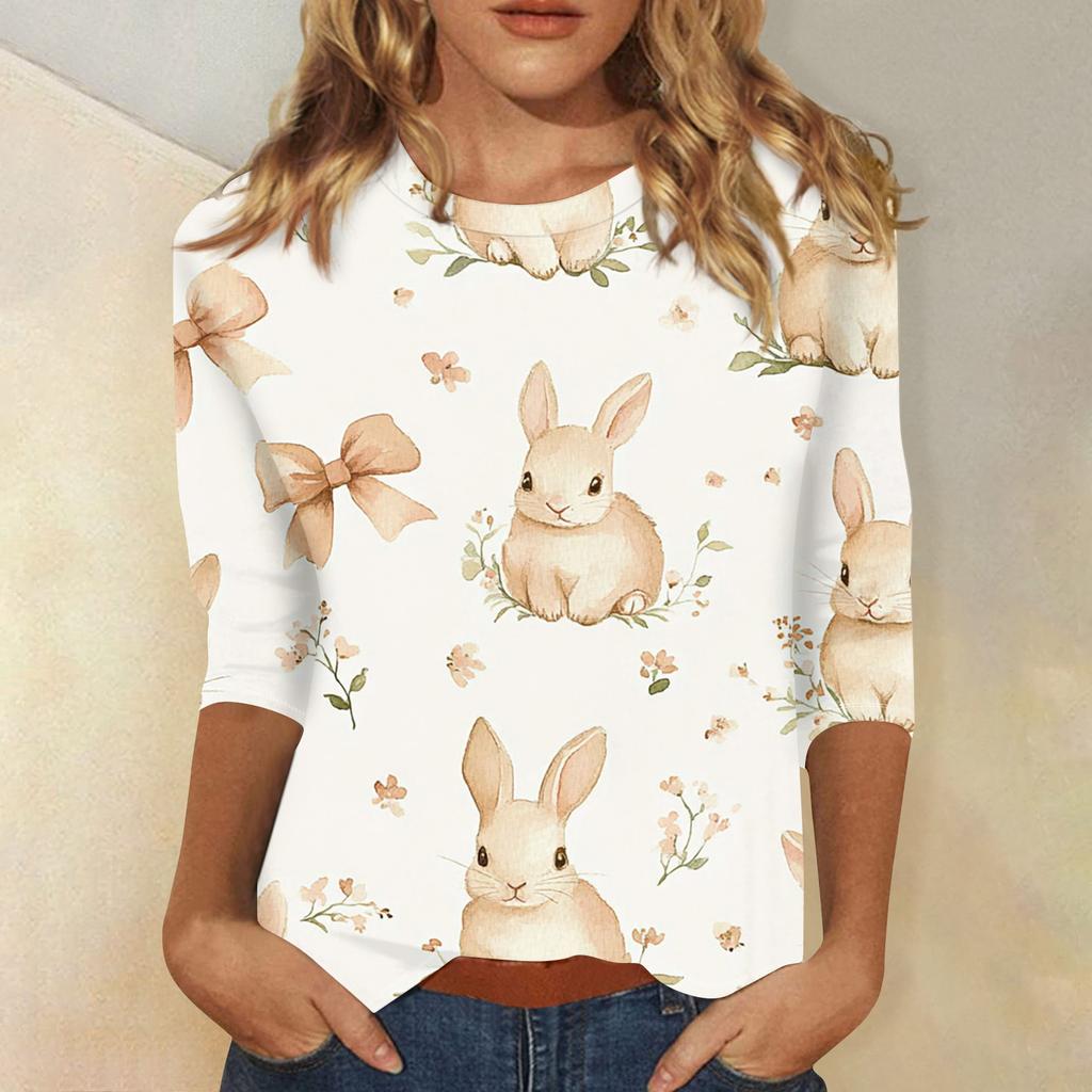 3/4 Sleeve Top Women's T-shirt Casual Easter Print Top T-shirt Crew-neck Jumper