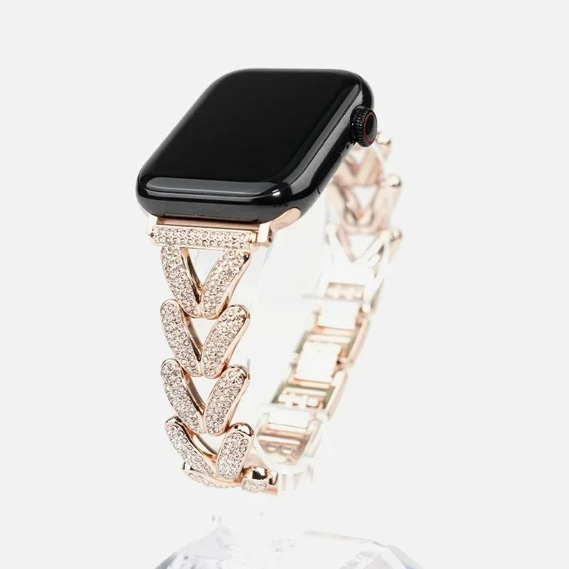 Металлический ремешок для Apple Watch с бриллиантами для S11 Ultra 10 9 8 7 6 SE Ultra Женский тонкий браслет для iWatch 38 40 41 42 44 45 46 49 мм
