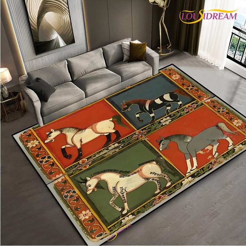 Мода Этническая Рамка Ковер Лошадь Домашний Декор Прямоугольный Ковер для Комнаты Черный Зеленый Оранжевый Гостиная Спальня Прикроватный Напольный Коврик для Стола