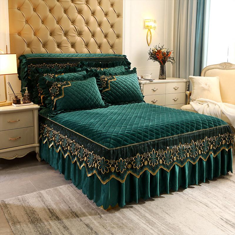 Европейское роскошное кружевное веерное покрывало для кровати, бархатное 200x220, стеганое покрывало королевского размера, юбка королевы, оборки, чехлы на изголовье