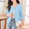 Women Casual Round Neck Loose 3/4 Sleeve Plain Blouse