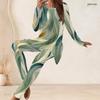 Women Plus Size Two Piece Set Round Neck Long Sleeve Leaf Printed Longline Top Fitted Pants