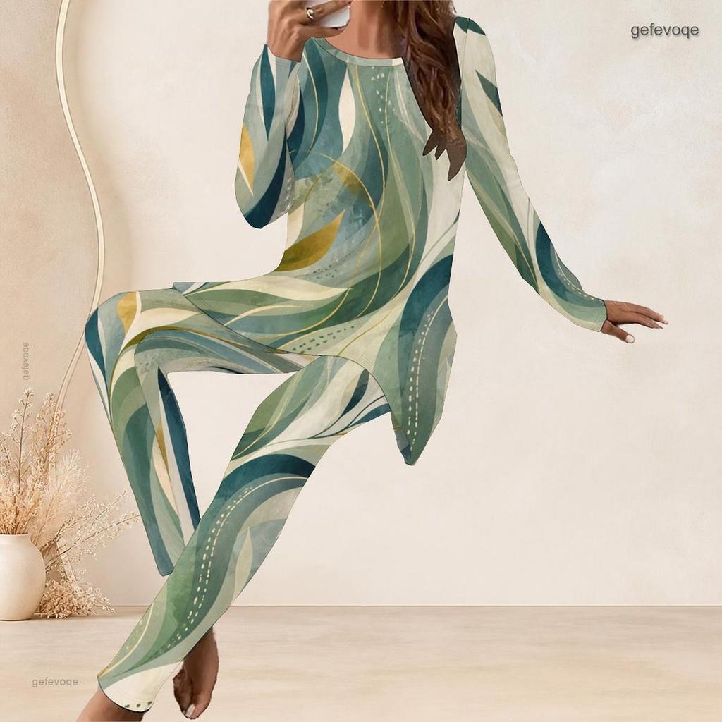 Women Plus Size Two Piece Set Round Neck Long Sleeve Leaf Printed Longline Top Fitted Pants