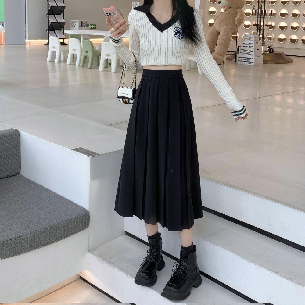 Длинная плиссированная юбка, женская винтажная корейская модная однотонная юбка трапециевидной формы с высокой талией, элегантная повседневная осенняя школьная юбка для девочек