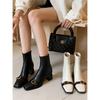 2025 Metal Square Buckle High-heeled Elastic Boots Square Head Thick Heel Commuting Large Size French Short Boots Women's Spring and Autumn Single Boo