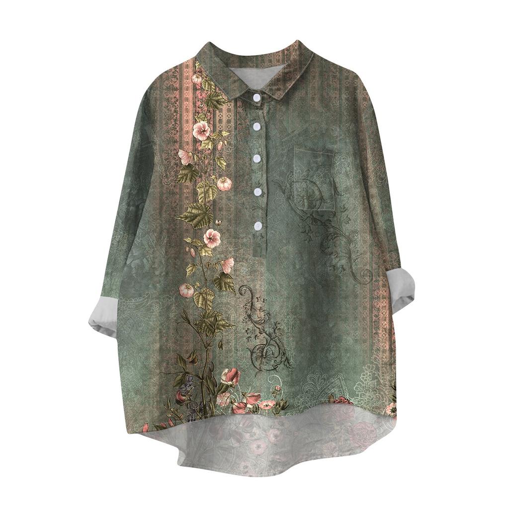 Women's Shirt Blouse Long-sleeved With Buttons Print Casual Hem Irregular Shirt Collar Top