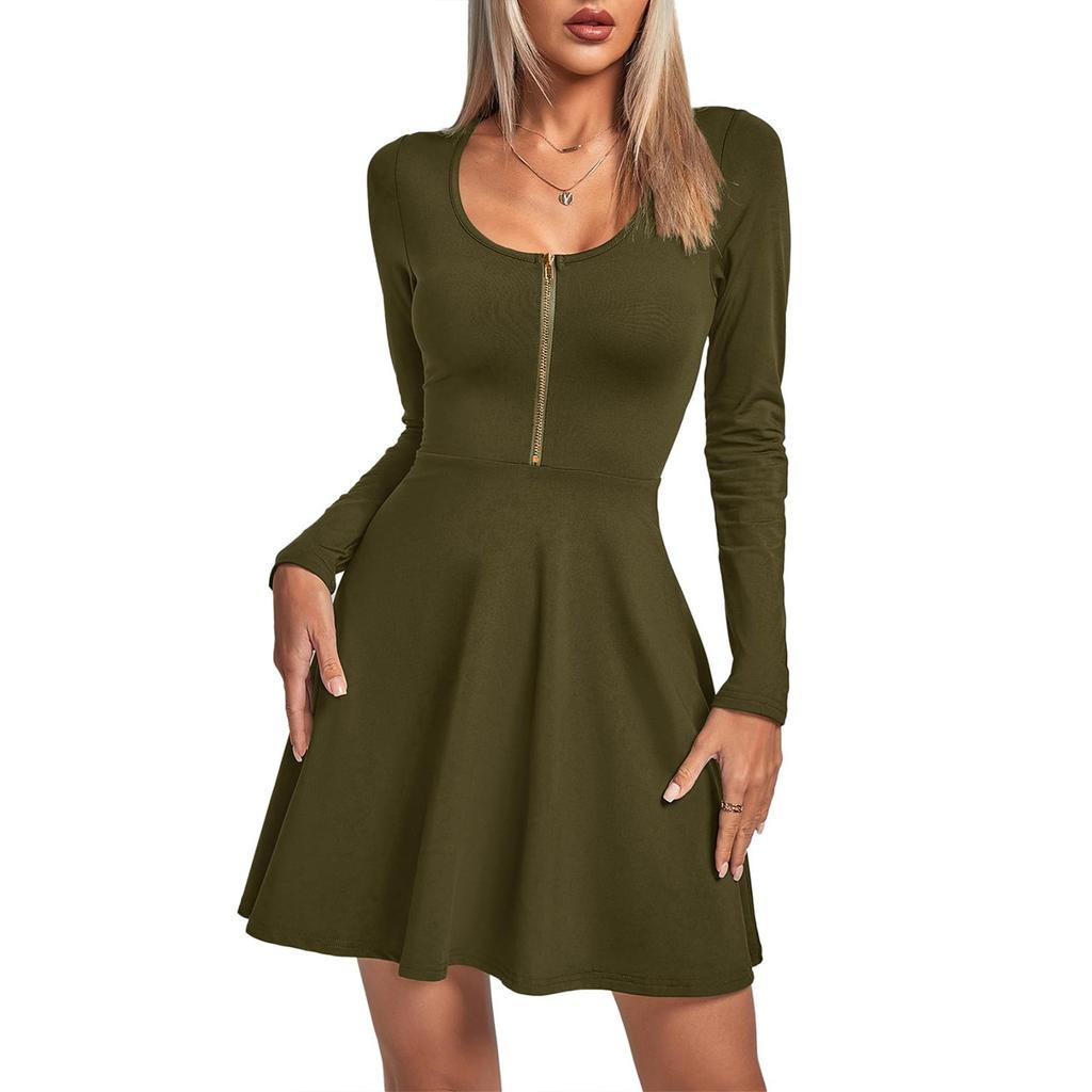 Womens Fashionable Solid Color Long Sleeved V Neck Long Sleeved Dress