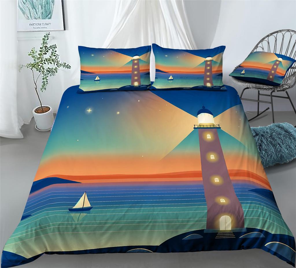 Nautical Comforter Cover Sailboat Lighthouse Duvet Cover Watercolor Ocean Themed Bedding Set Summer Beach Polyester Quilt Cover