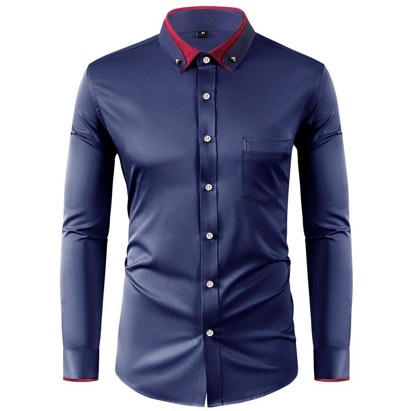 Four Sided Elastic Shirt for Men Color Blocked Diamond Button Lapel Shirt Casual No Iron Formal Wear Shirt