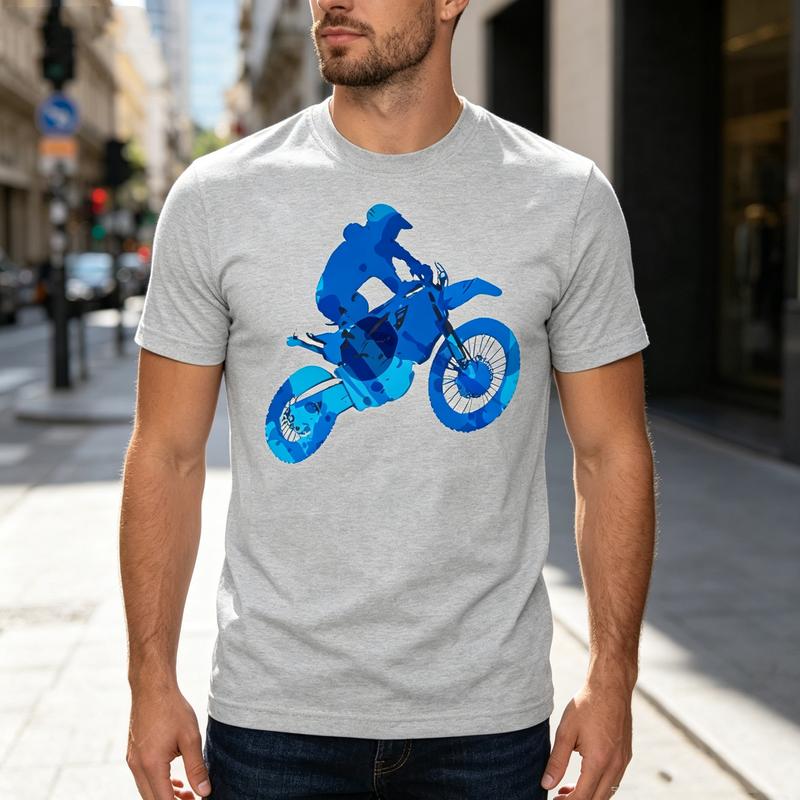 Motocross Dirt Bike Graphic T Shirt Blue Geometric Print Unisex Soft Cotton Crew Neck Short Sleeve Trendy Casual Tops