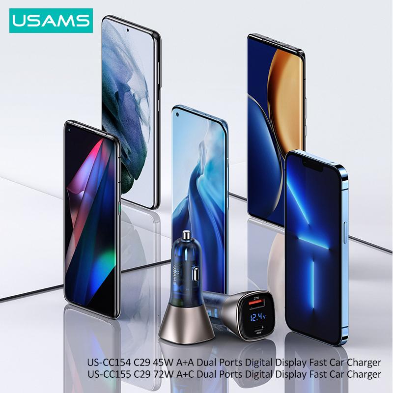 USAMS Быстрое автомобильное зарядное устройство 72 Вт, двухпортовый USB Type C, быстрое зарядное устройство, цифровое зарядное устройство QC PD для ноутбука, телефона для iPhone 13 Pro Max 12 Huawei