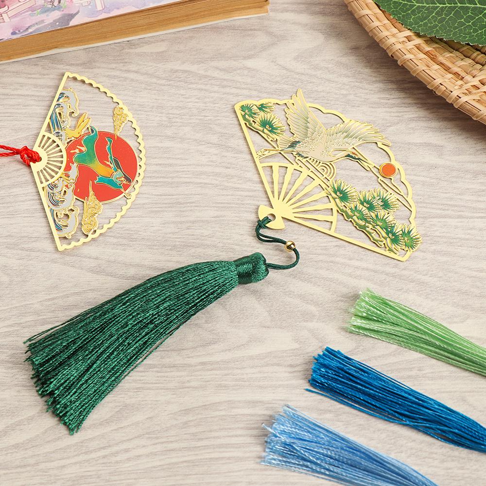 Supplies Retro Tassel Crane Flower Book Clip Brass Bookmark Folding Fan Shape Pagination Mark