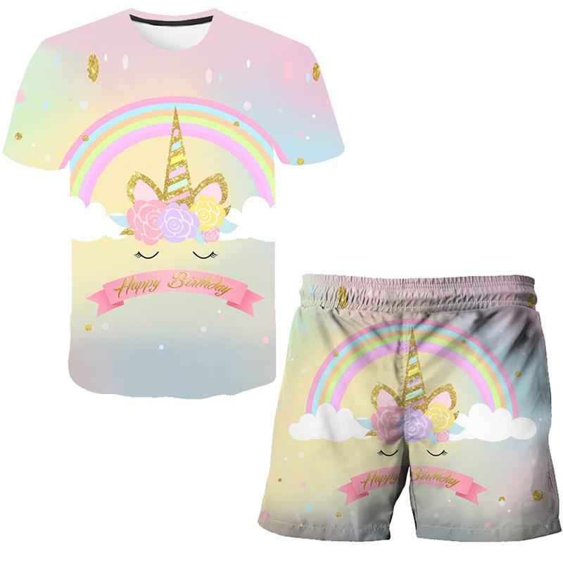 Children Girls Clothes Unicorn Baby Popular Print 3D Lovely Fashion T shirt+Short Pants Set Cartoon T Shirt 2Pcs Kids Suit