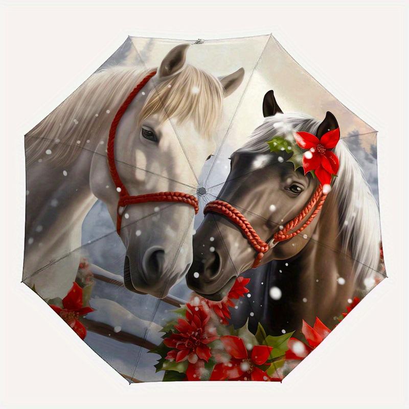 Horse Winter Theme 8 Bone Hand Automatic Folding Umbrella, Compact and Portable Design, A Perfect Gift for Birthday, Christmas or Business U
